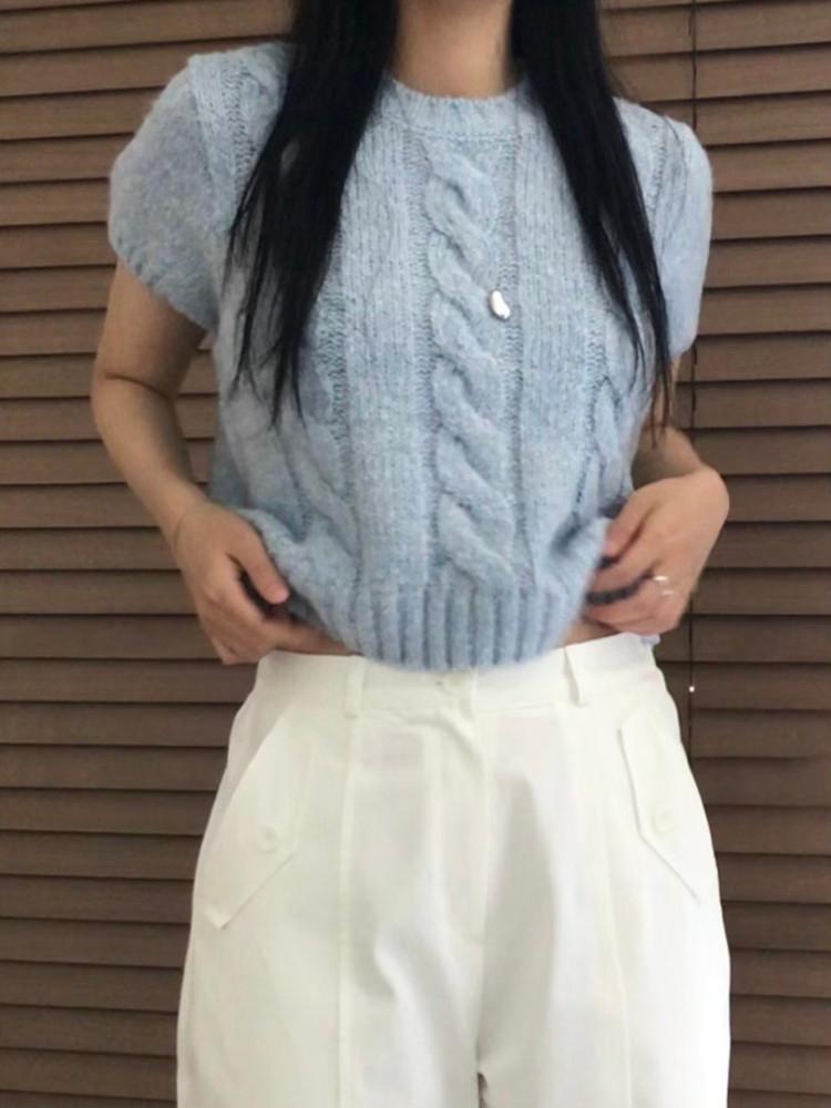 미닝 울 모헤어 퍼프 반팔 니트 [소라]