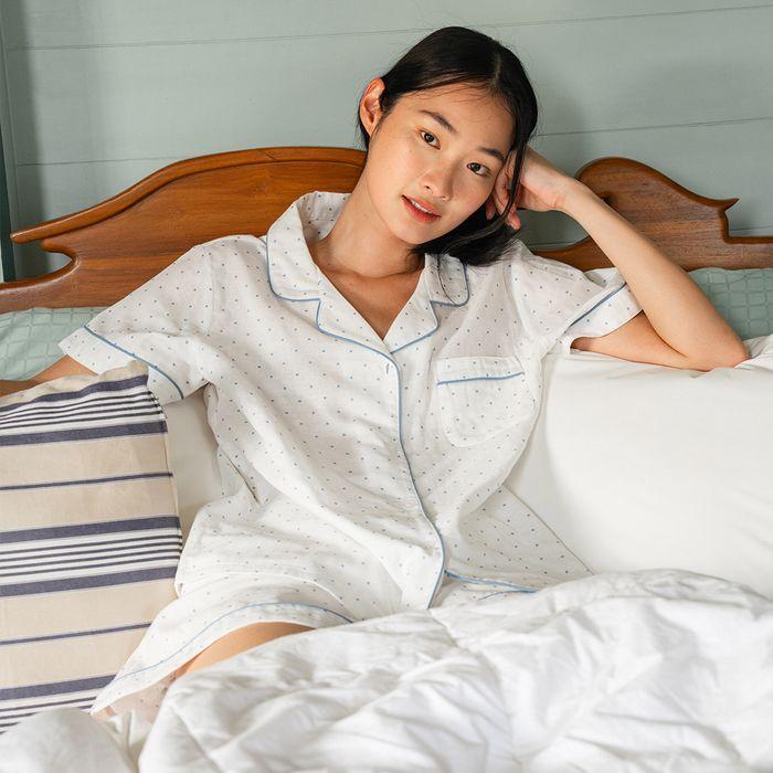 [29CM 단독] (w)스탠다드 거즈 미니 도트 파자마 반소매세트 화이트블루
