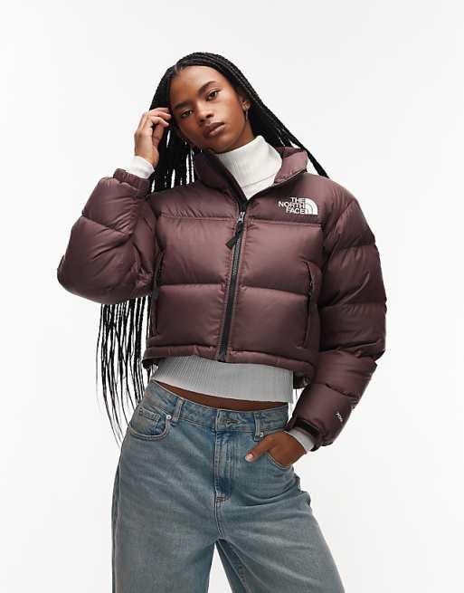 The North Face Nuptse cropped down puffer jacket in dark brown