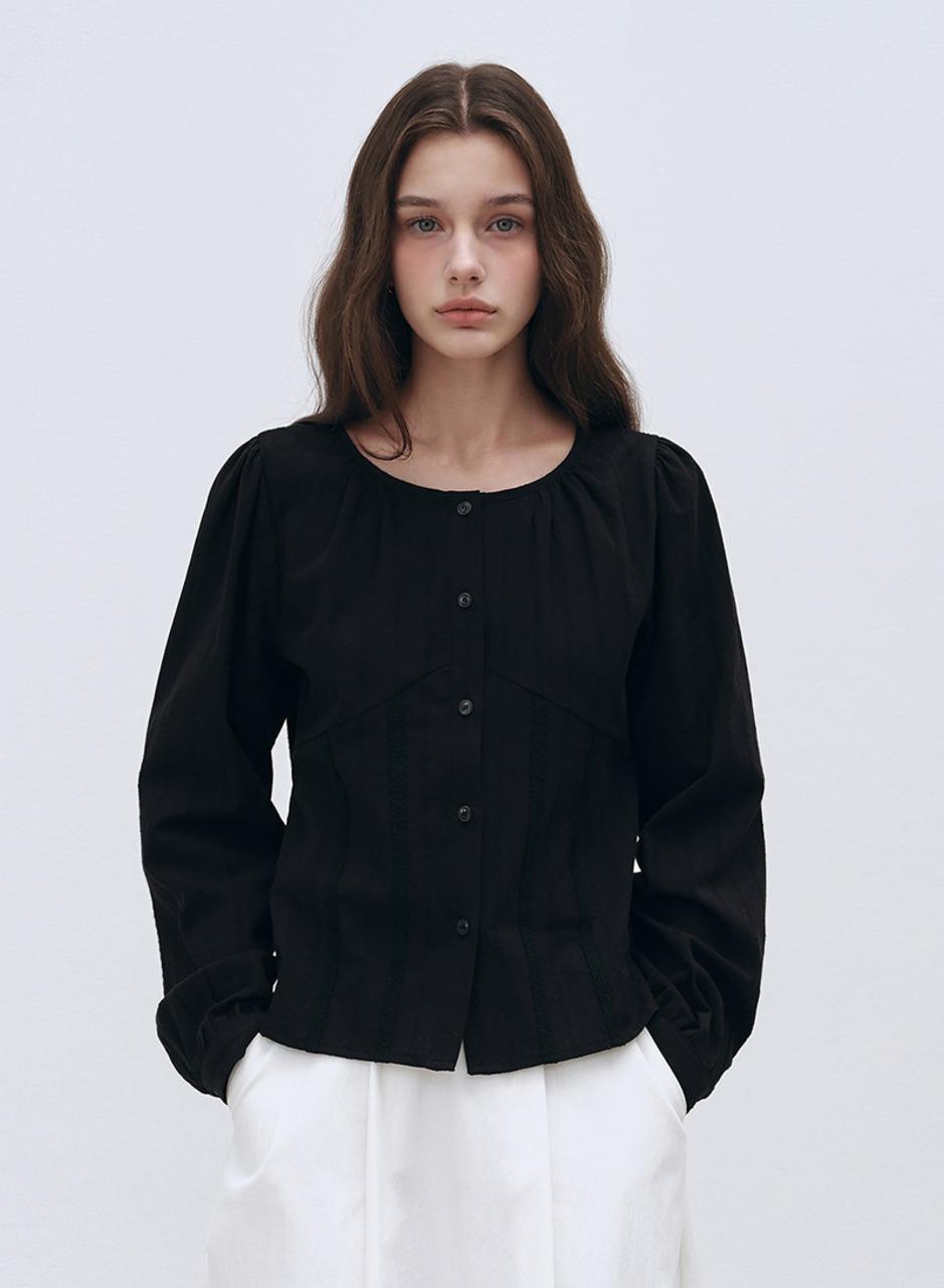 볼륨 코튼 레이스 블라우스 - 블랙