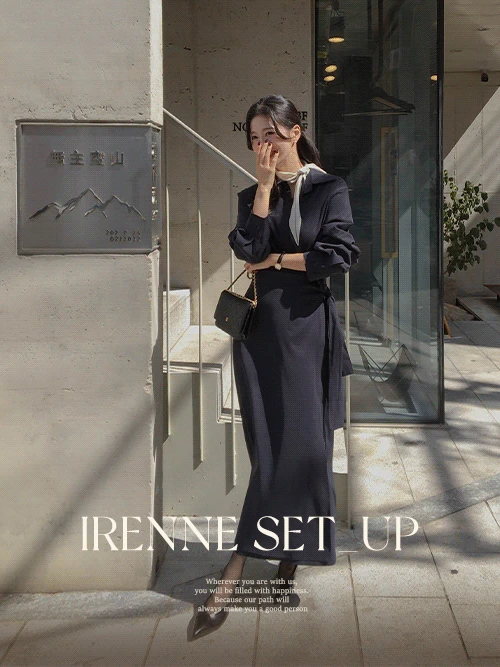 [셋업제품] 이렌느 카라넥 베이직 셔츠 리본 랩 롱 스커트 셋업(하객룩/출근룩)