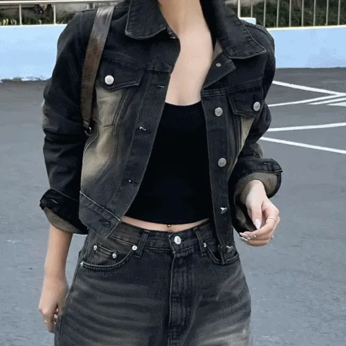 리츠 포켓 빈티지 흑청 워싱 크롭 자켓