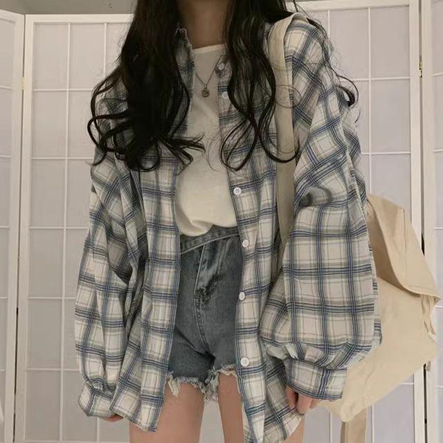썸데이 체크 셔츠 남방 블라우스 탑