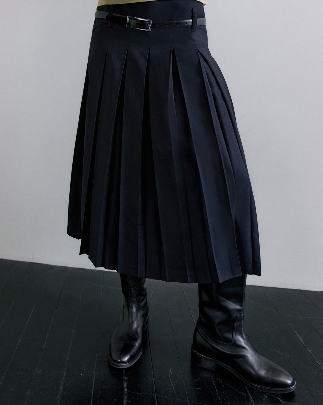 ROUND YORK WOOL PLEATED SKIRT / DARK NAVY