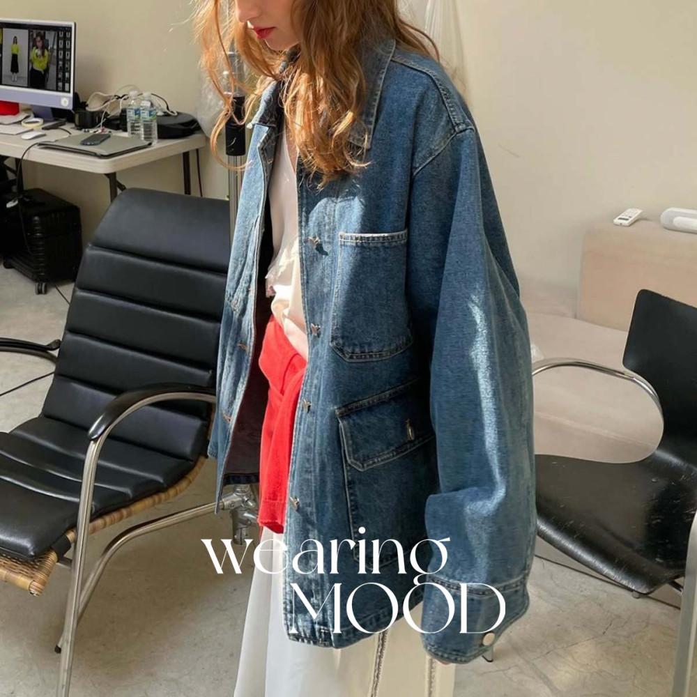 바스켓 하프 데님 자켓 오버핏 루즈핏 여성 봄 청자켓 (중청)