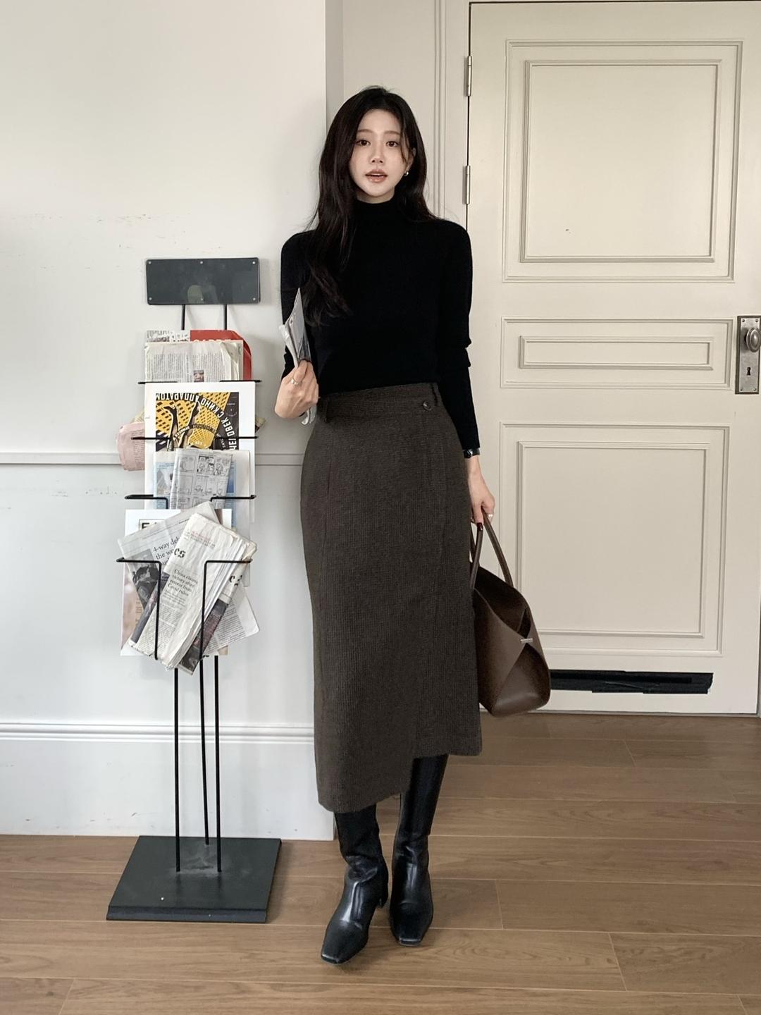 더아이잗 울 블렌드 체크 버튼 랩 스커트 (CHECK BROWN) IRVP0SK504