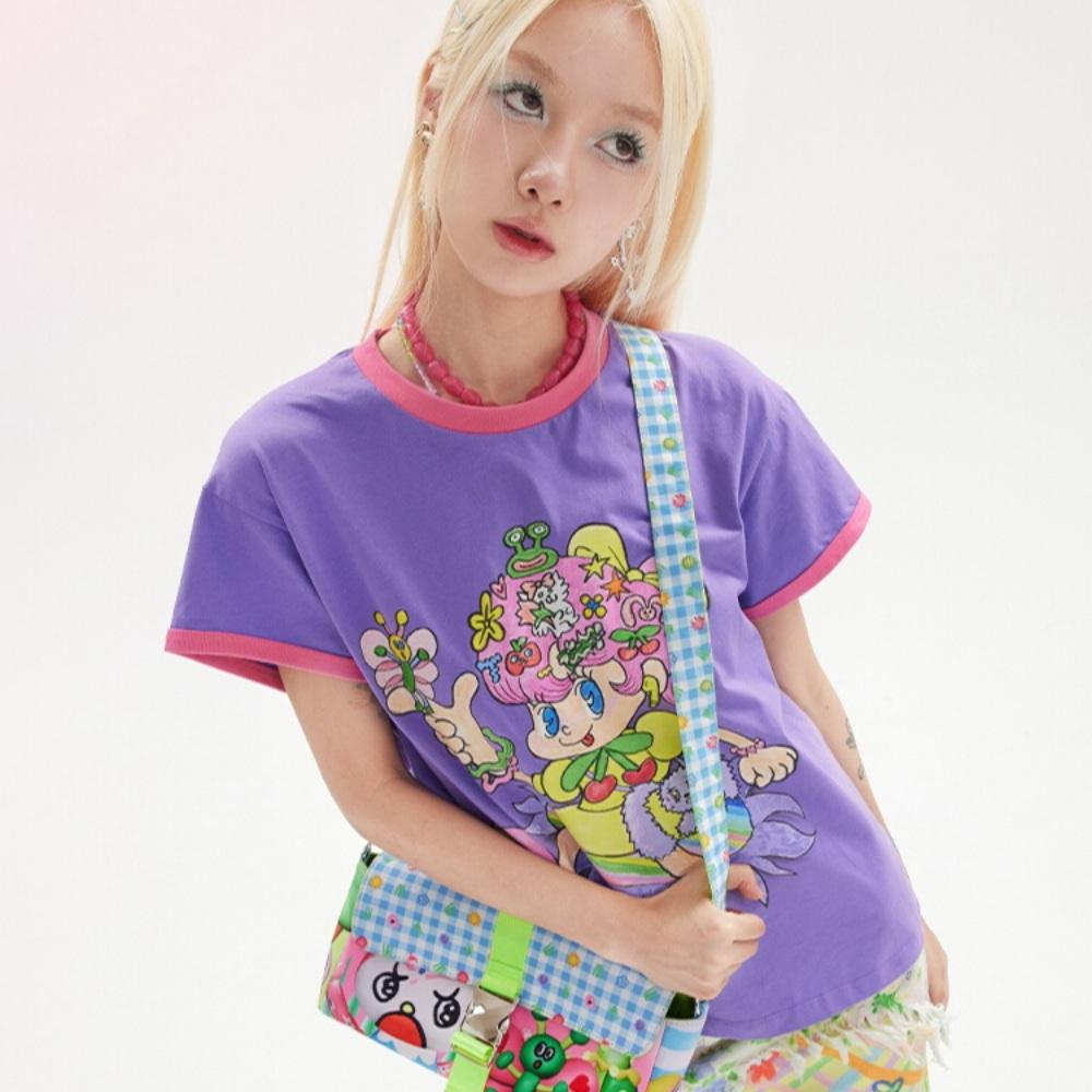 TNTNTUTU 캐릭터 프린팅 퍼플 핑크 배색 반팔 티셔츠 기본 면티