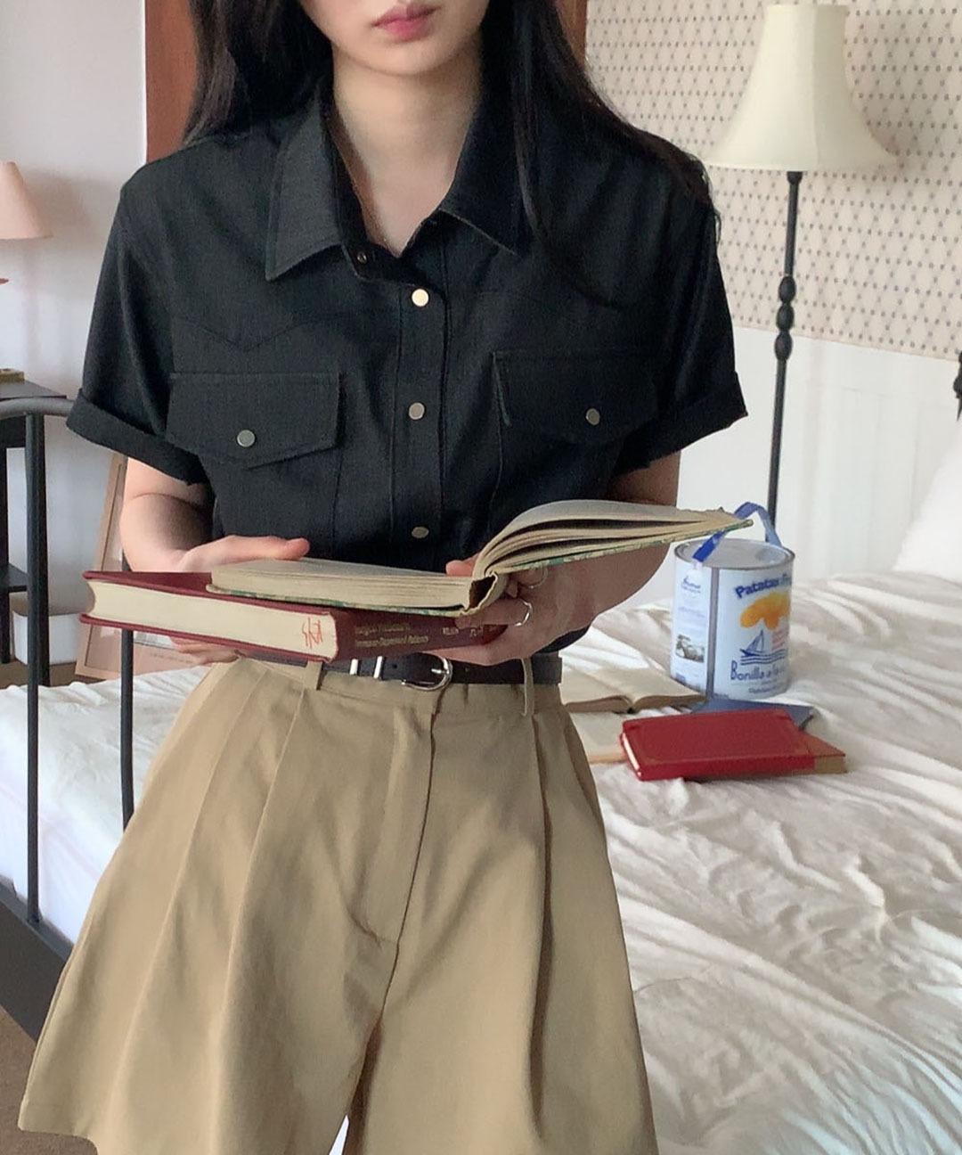 얇고 보들 여름 데님 청 반팔 흑청 블라우스 남방 셔츠 2col