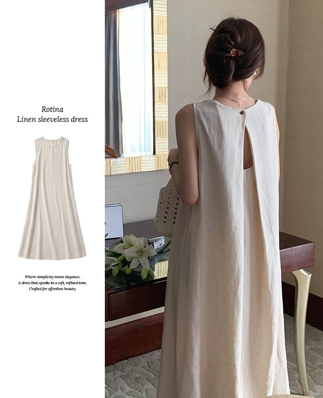 어반라인 [후기극찬/누적판매 2만장] 미니멀 린넨 뒷트임 슬리브리스 롱 나시 원피스 - 2color [휴가룩/바캉스룩]