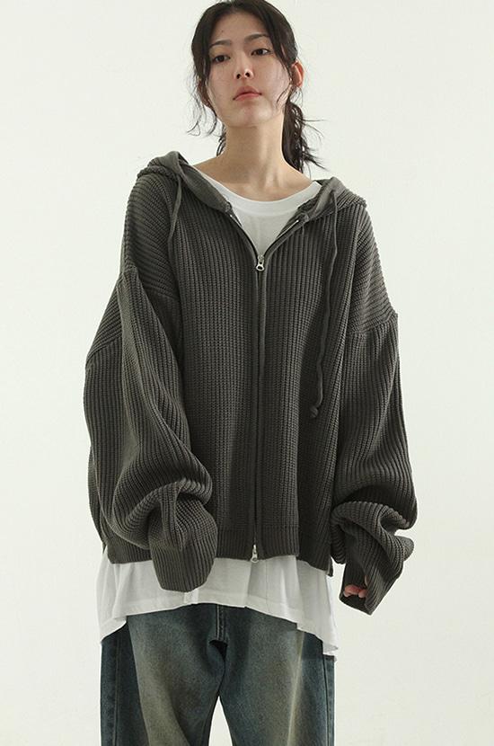 oversize hand warmer knit hood zip-up (unisex)