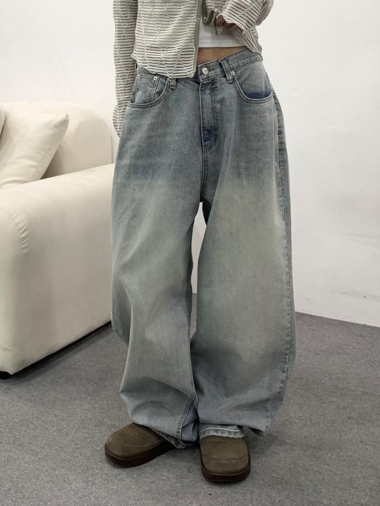 메가 빈티지 연청 워싱 와이드 데님 팬츠