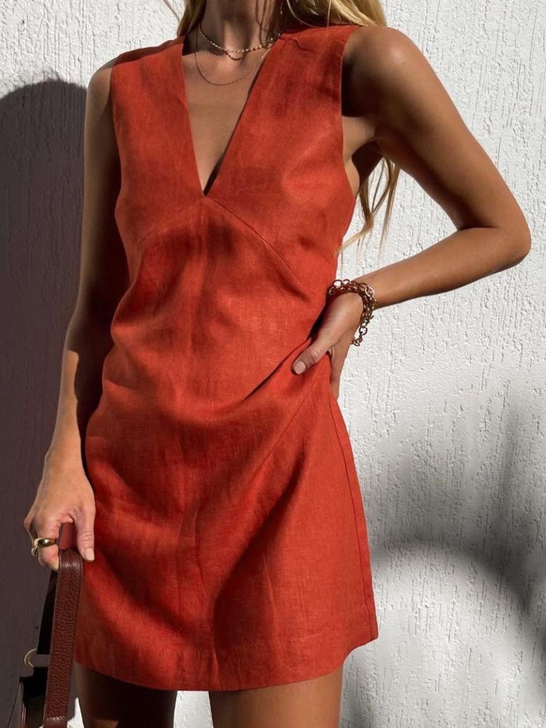 Cotton & Linen V-Neck Short Dress - Red / L