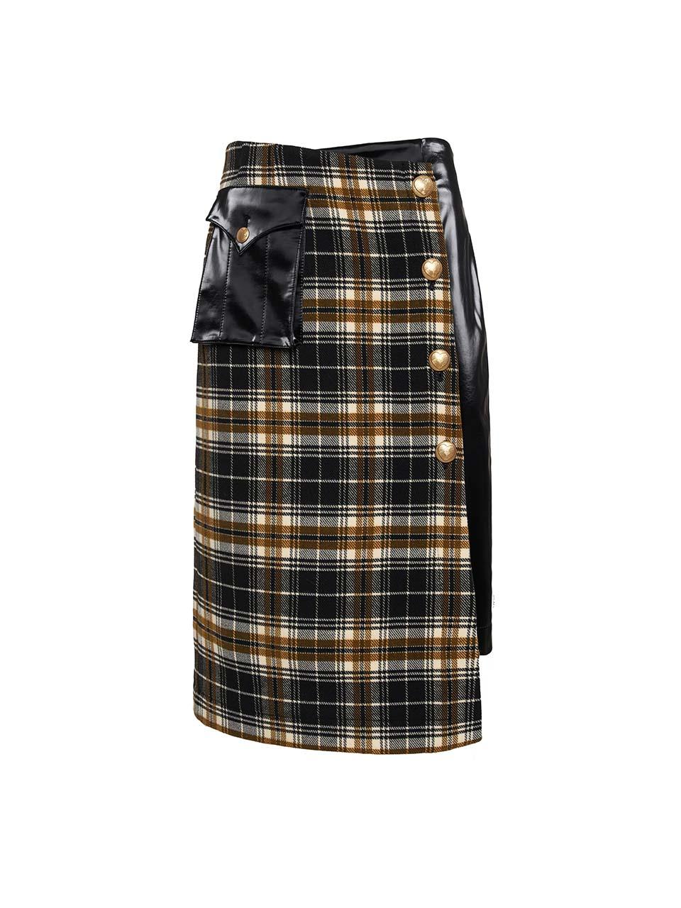 골드버튼 체크 미디 스커트 베이지