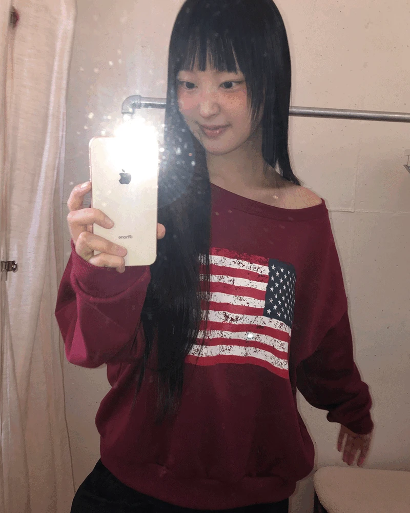 [가을신상/6col🍁] 머힛 성조기 프린팅 원오프숄더 긴팔 맨투맨