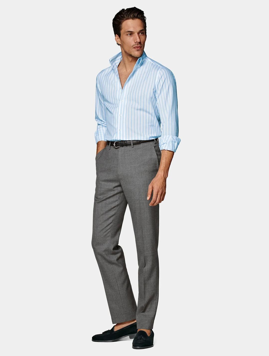 Albini 코튼 리넨 스트라이프 원피스 칼라 셔츠 - Right Blue