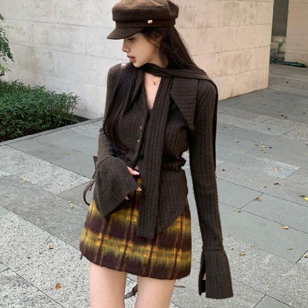 체크 배색 모직 미니스커트 데일리 데이트 가을 봄 러블리 캐주얼 셋업 미디스커트 skirt 미니치마 예쁜 코디룩