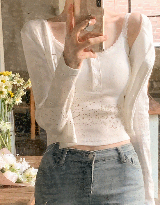 프롬데이원 플레라 코튼 레이스 가디건(유넥/펀칭/스트랩/리본/세미크롭/슬림핏/데일리룩/데이트룩/여친룩)