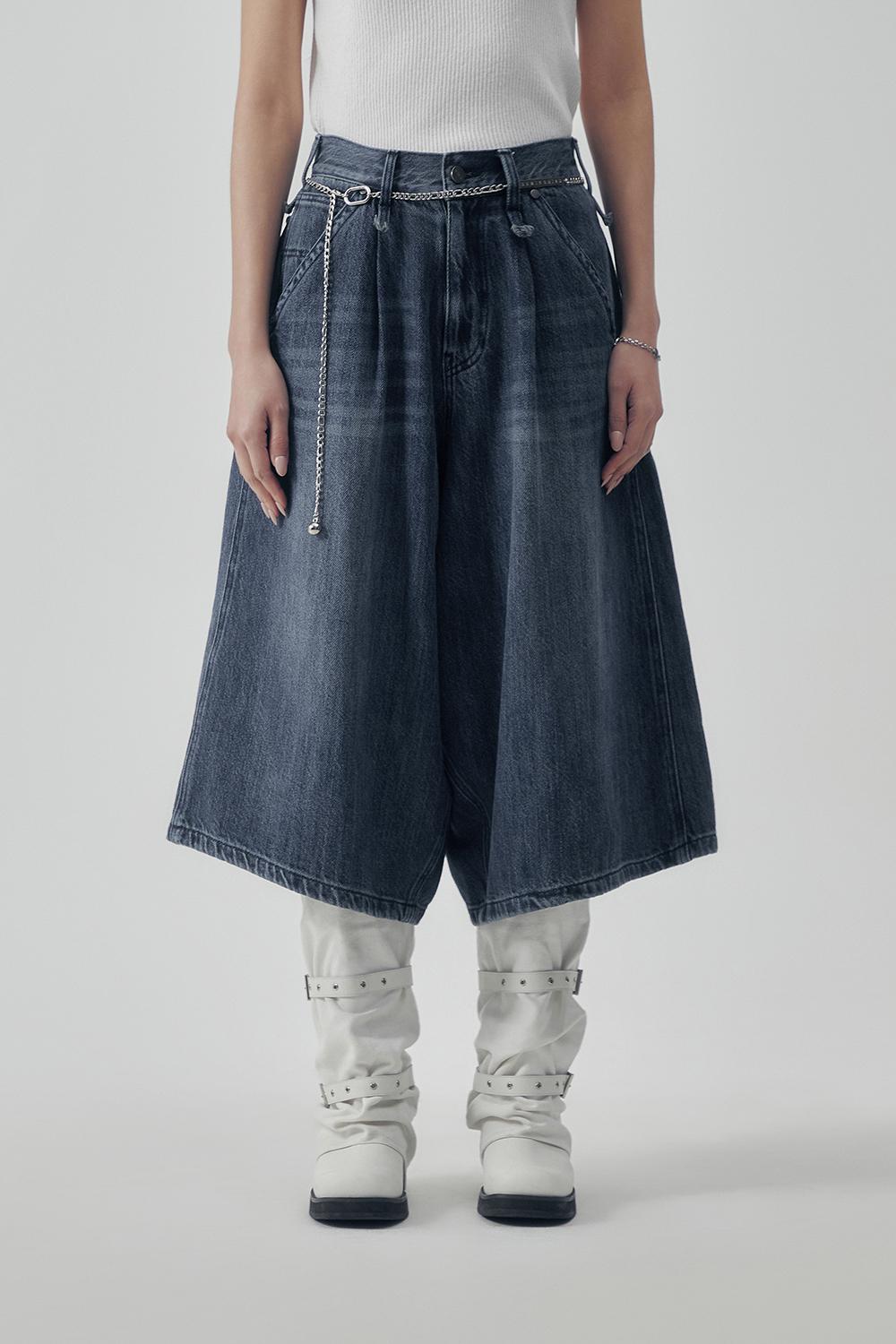 Carpenter-Strap Bermuda Denim Pants [ Blue ]