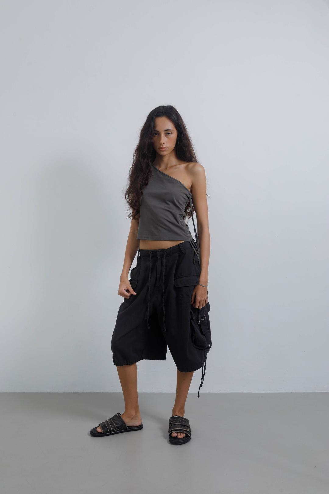 ONE SHOULDER STRING TOP DESERT KHAKI