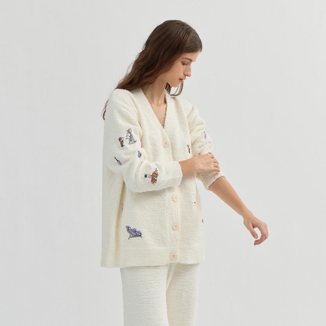 퍼피 자수 여성 수면 잠옷 세트 홈웨어 파자마 긴팔 긴바지