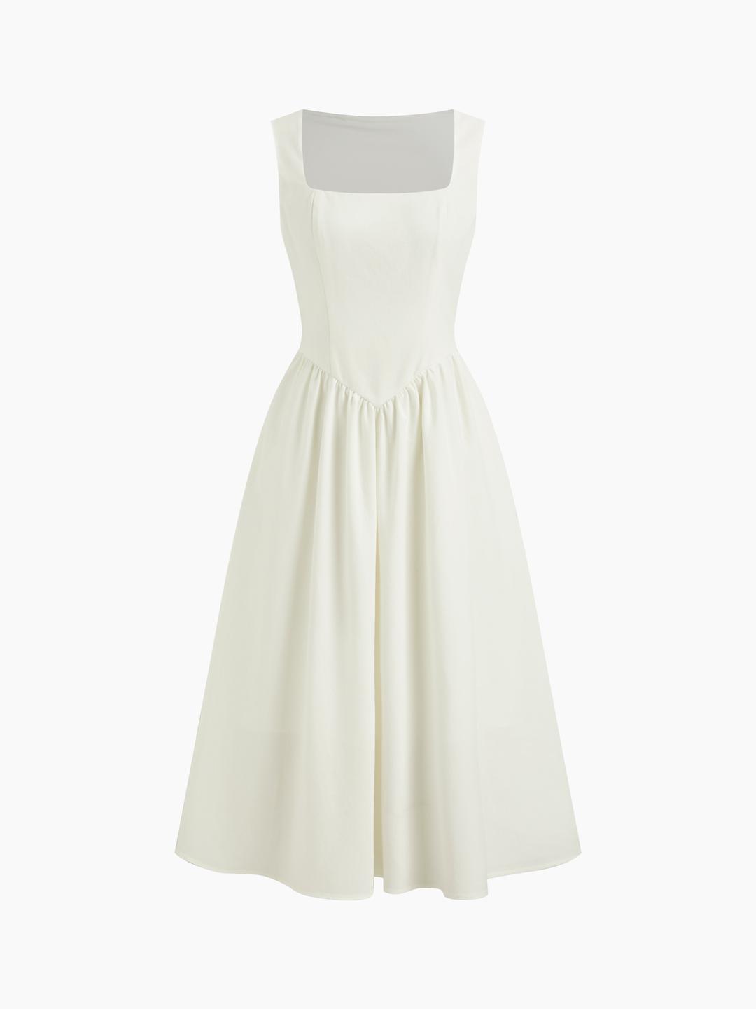 Linen-blend Square Neck Ruffle Midi Dress