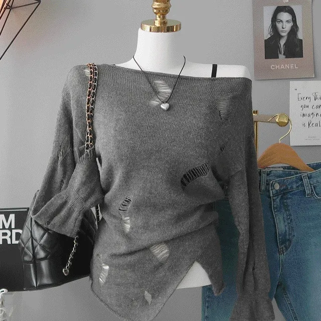 [유니크⛧몸매보정~사선언발!입술넥 보트넥 데미지니트] 빈티지데미지사선니트