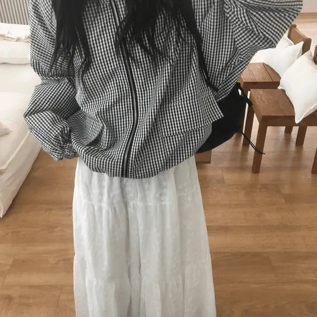 마티 체크 후드 나일론 바람막이 집업 자켓