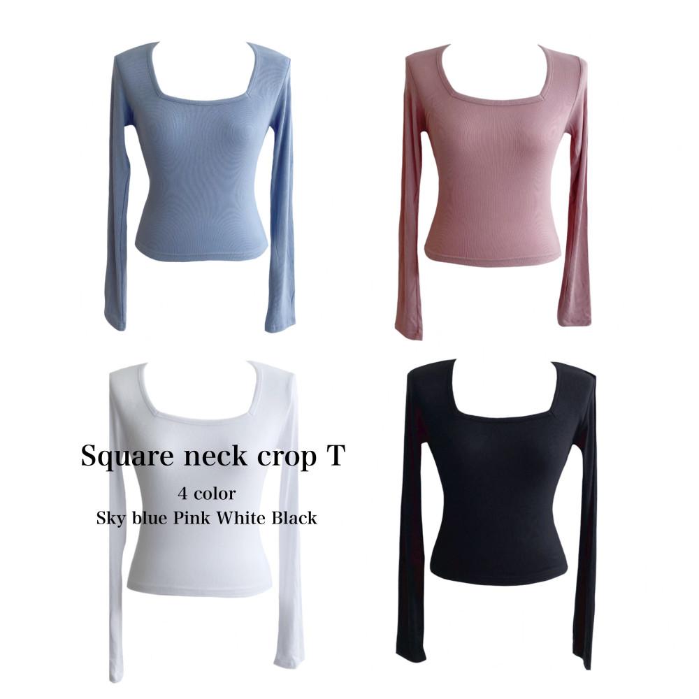 스퀘어넥 화이트 블랙 소라 핑크 심플 데일리 무지 쫀쫀 골지 크롭 긴팔티