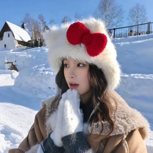 키티 겨울 리본 방울털 모자 겨울 스키장 리본 유니크 키치 선물 놀이공원