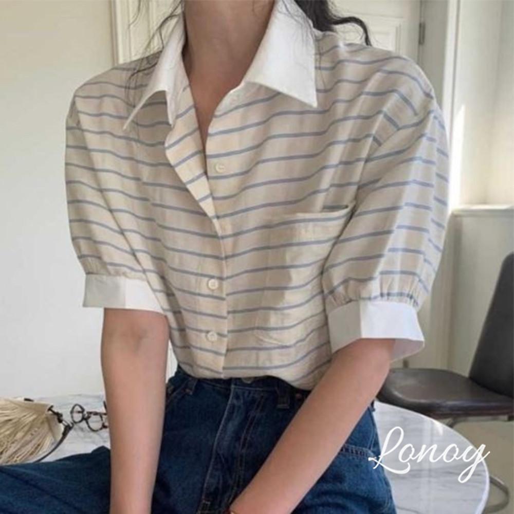 (당일) 오버테이크 아몬드셔츠 3col 여성 여름 반팔 카라넥 남방 스트라이프 overtake