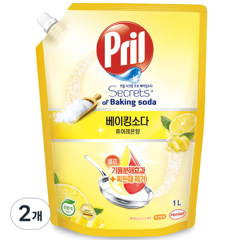 프릴 시크릿 오브 베이킹소다 주방세제 퓨어레몬향 리필, 1L, 2개 - 천연주방세제 | 쿠팡