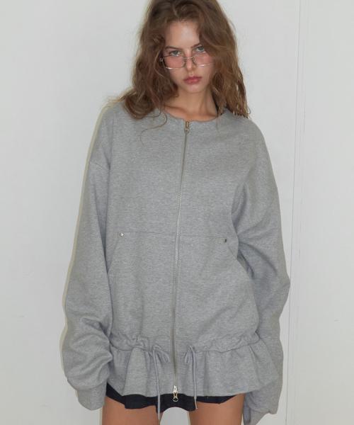 Round Neck Frill Zip-Up Melange Gray