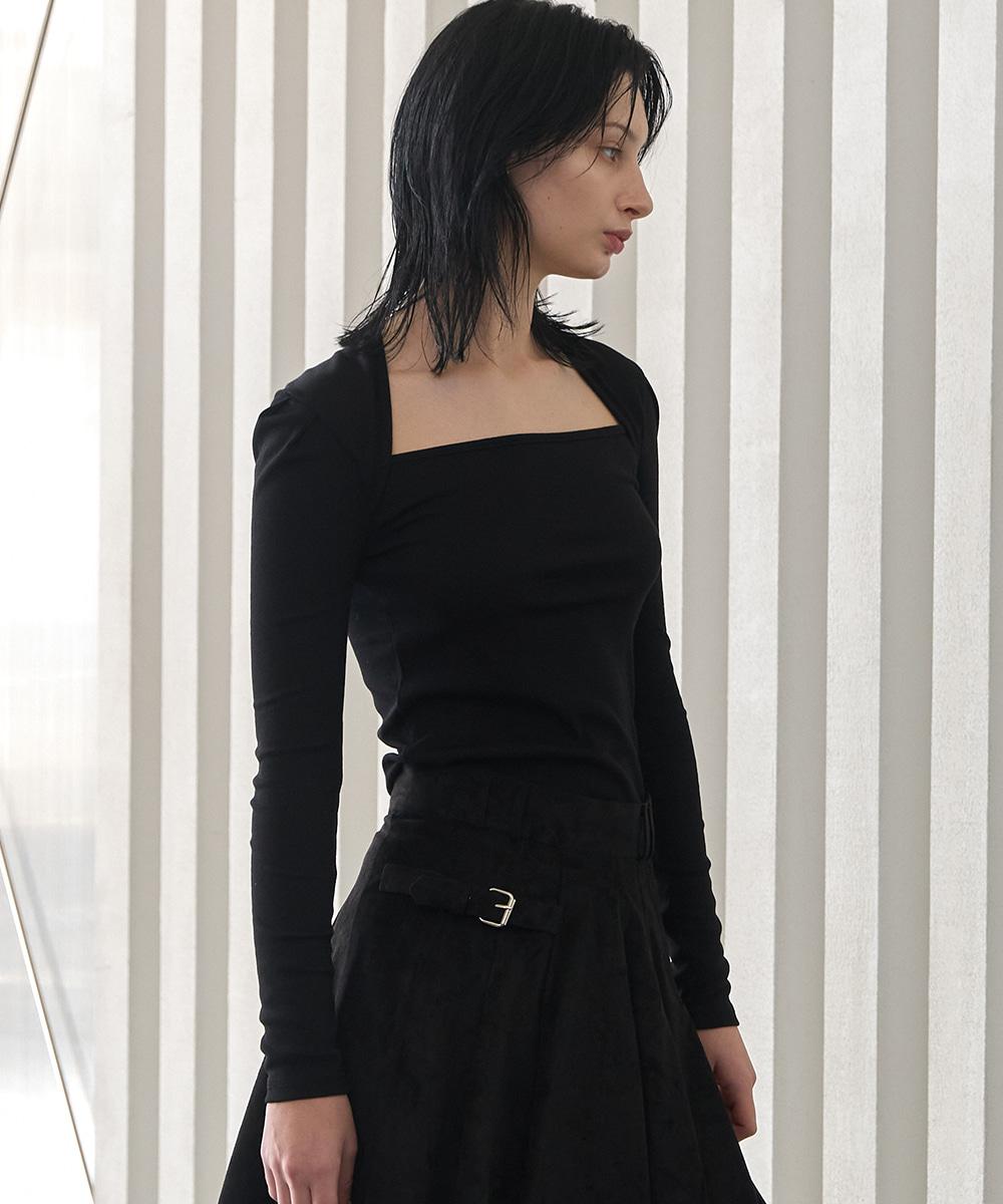 Square Neck Shoulder Pintuck Ribbed T-Shirt Black