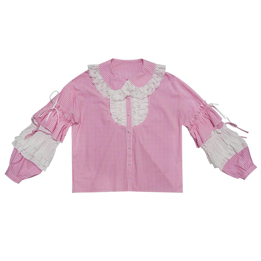 Pink checkered lace trim long-sleeved shirt【s0000012761】