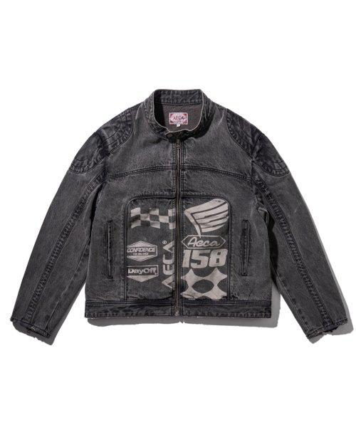 DENIM PRINTED BIKER JACKET-GREY