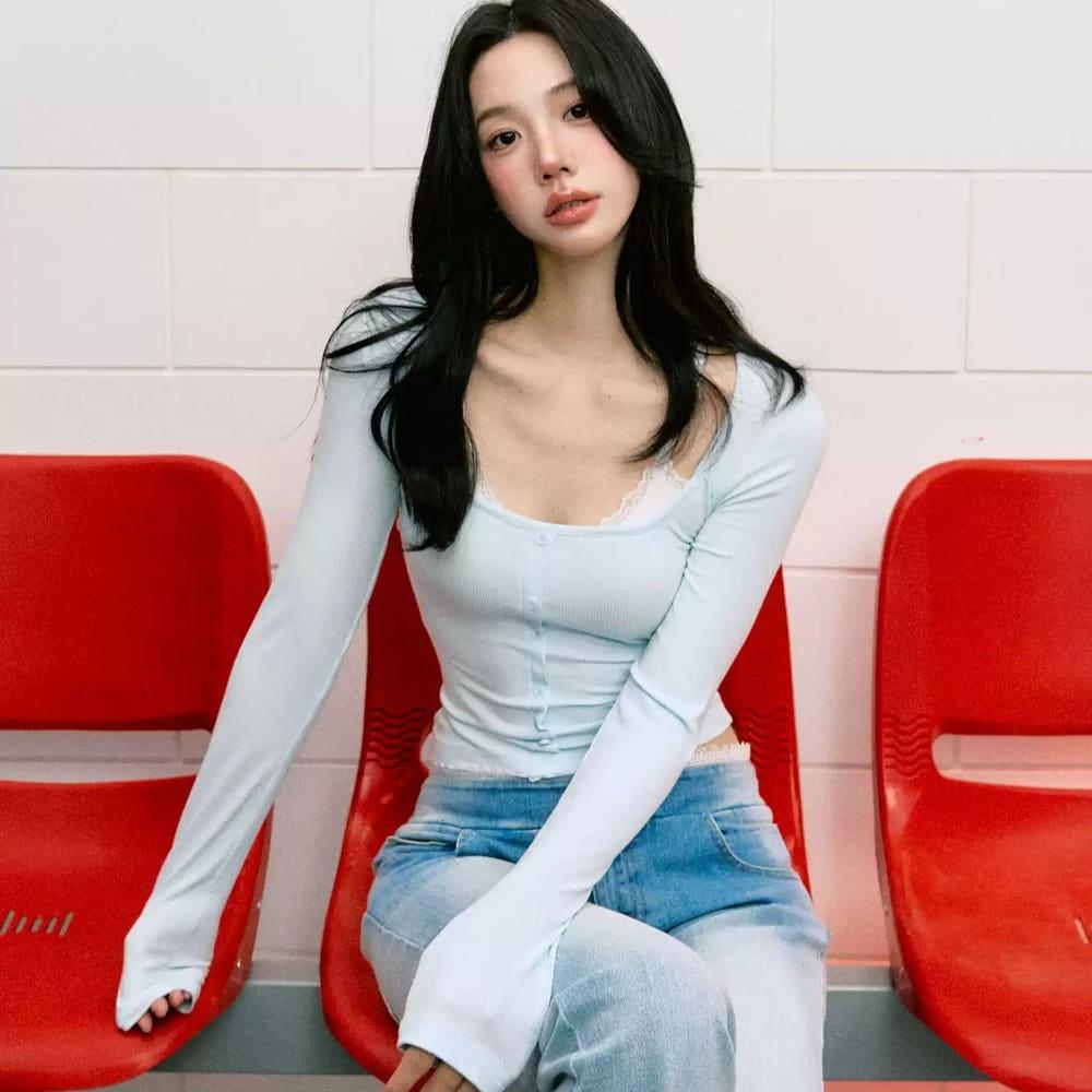 LaluneDuCiel 페이크 투피스 가디건 레이스 나시 슬림 니트티