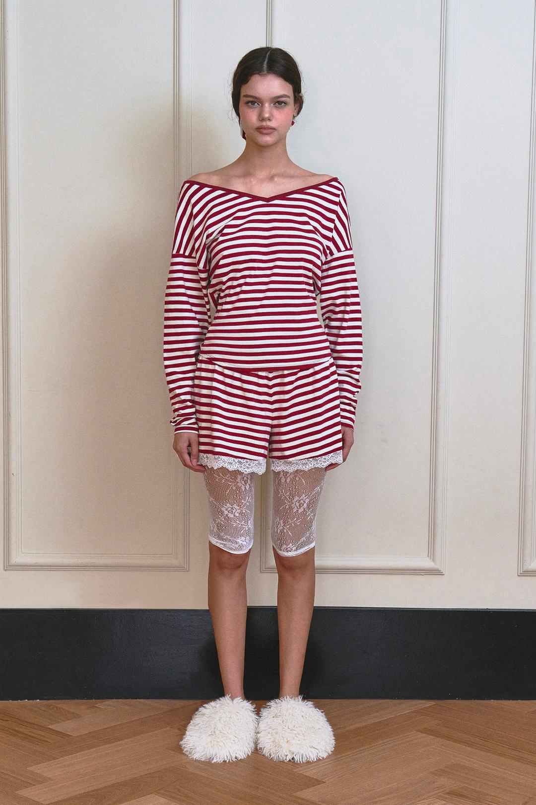 딥 스트라이프 레이스 라인 에어리 쇼츠 (Deep Red)