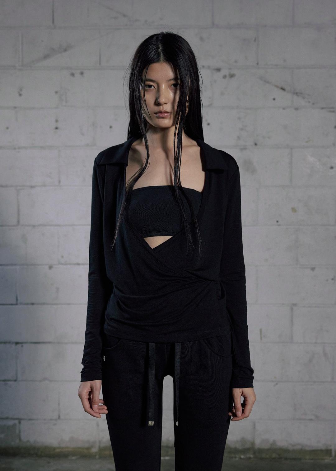 WRAP SHIRT CARDIGAN, BLACK