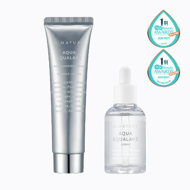 [진정천재+수분천재 짝꿍템 2종 세트] 아쿠아 스쿠알란 세럼,  아쿠아 스쿠알란 수분크림 2종 세트