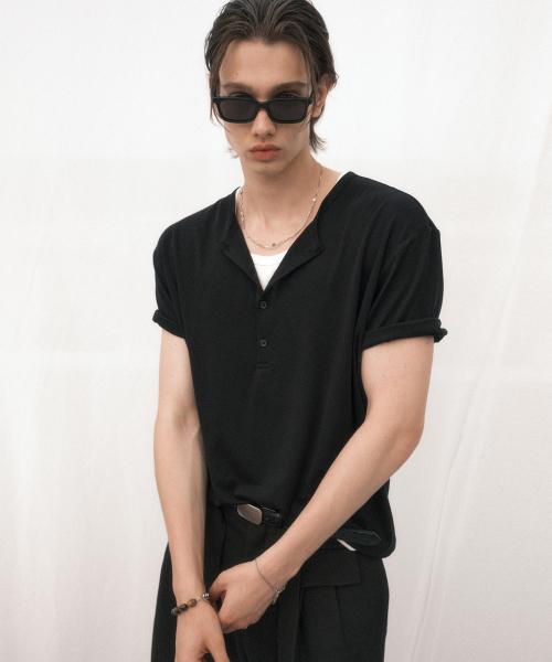 레이어드 헨리넥 하프 슬리브 티셔츠 (블랙아이보리)