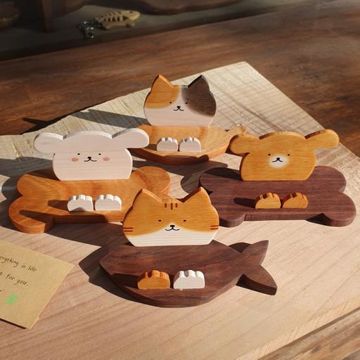 고양이 강아지 원목 명함꽂이 탁상용 메모꽂이