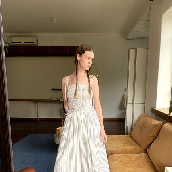 LONSLAN Striped Strap Folding Waist Long Sleeveless Dress