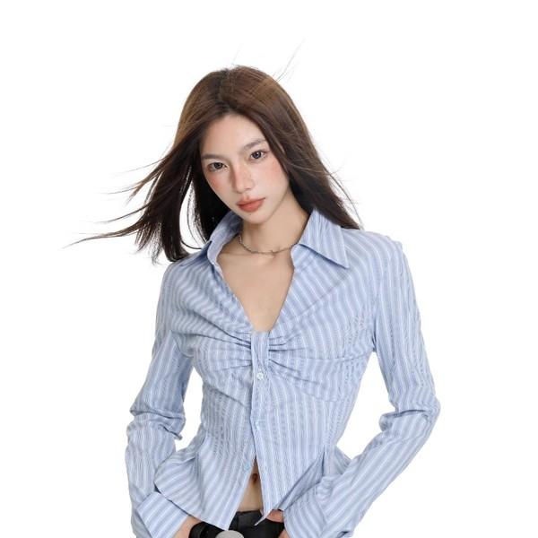 Striped Shirring V-neck Shirts (2color)