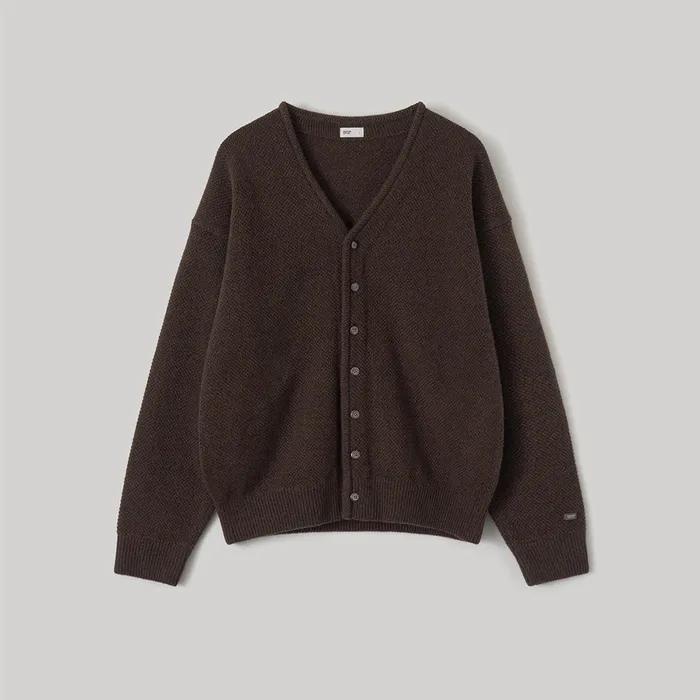 Moss Stitch V-Neck Cardigan (Brown)