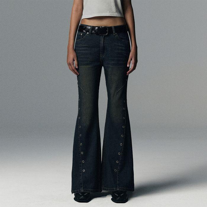 W Eyelet Vintage Denim Pants - Deep Blue