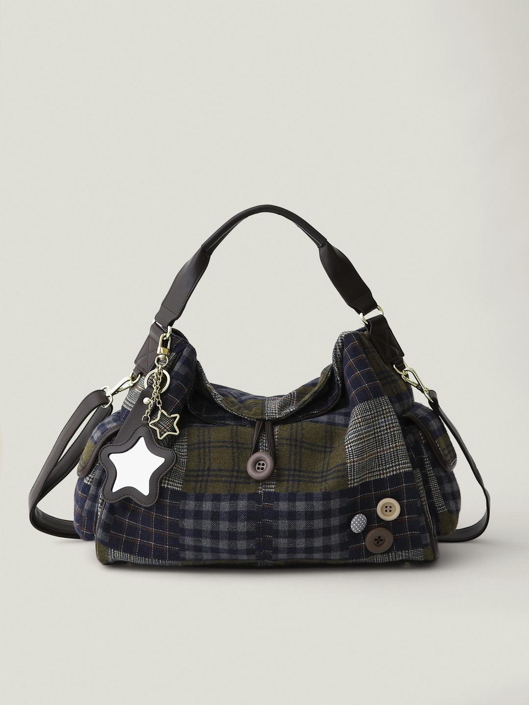 Patchwork Buttons Pillow Bag Navy