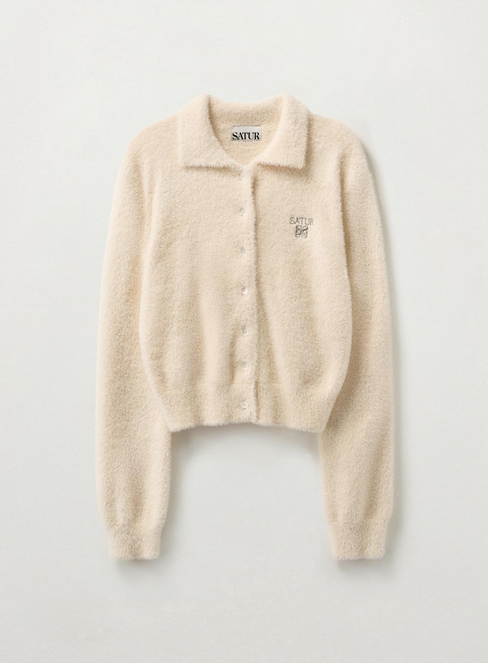 (W) Hairy Collar Knit Cardigan - Cream