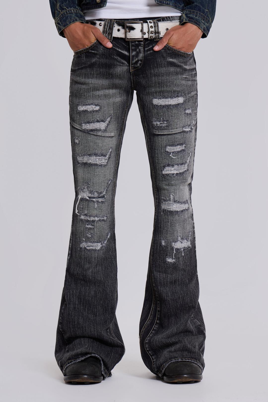 Washed Black Laced Bootcut Jeans - W26 / Black