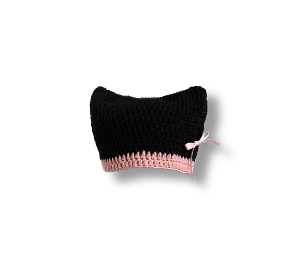 Aubery pink & black ribbon cat beanie.