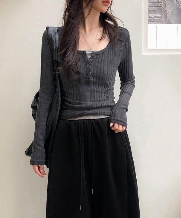 쇼퍼랜드 [여리핏][레이어드] 비기닝 버튼 골지 슬림 니트 기모 티셔츠 (4color)